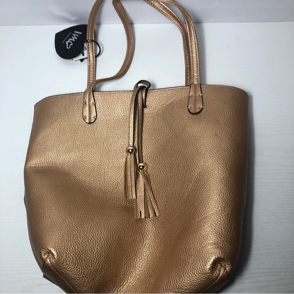 NWT Imoshion USA Vegan Leather Tote Bag Polka dot White /Gold Reversible - Picture 7 of 8